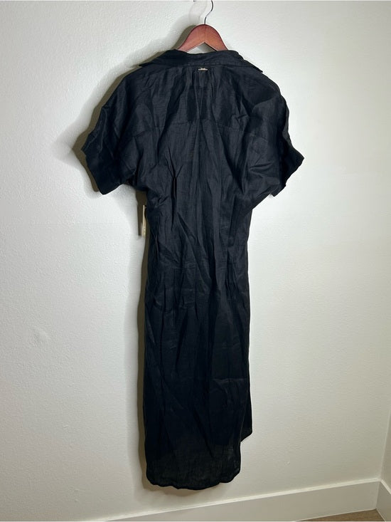 Cleobella 100% Linen Black Gilli Button Down Short Sleeve Midi Dress