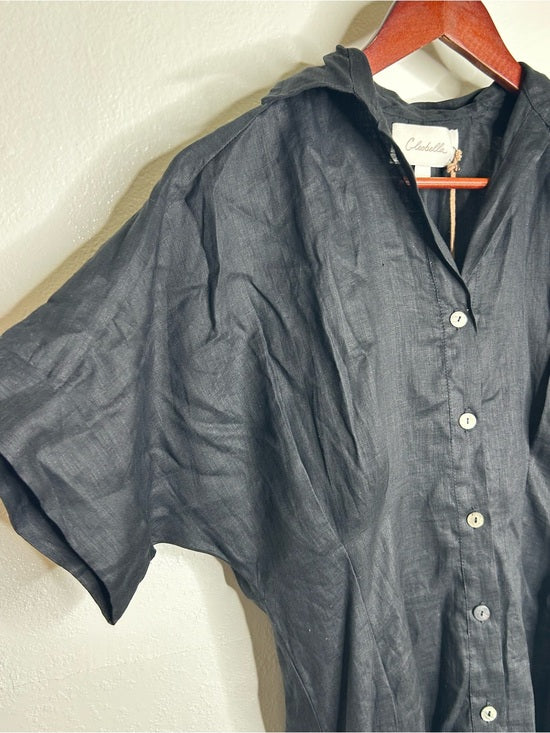 Cleobella 100% Linen Black Gilli Button Down Short Sleeve Midi Dress