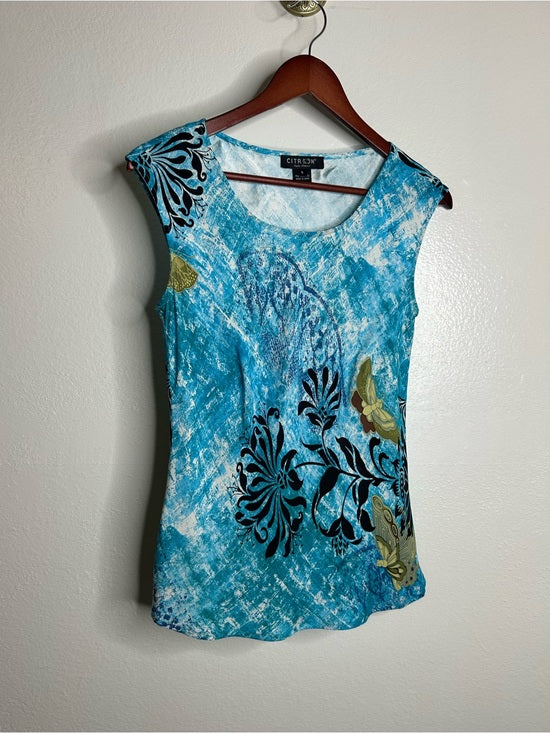 Citron Santa Monica 100% Silk Bright Blue Butterfly Tank Top