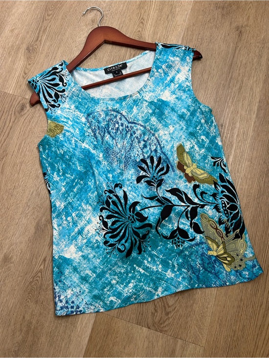 Citron Santa Monica 100% Silk Bright Blue Butterfly Tank Top