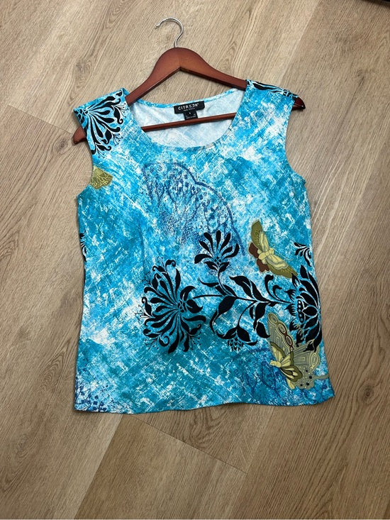 Citron Santa Monica 100% Silk Bright Blue Butterfly Tank Top