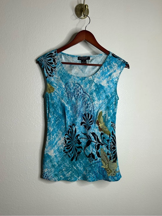 Citron Santa Monica 100% Silk Bright Blue Butterfly Tank Top