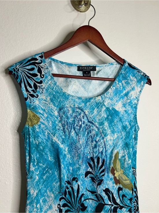 Citron Santa Monica 100% Silk Bright Blue Butterfly Tank Top