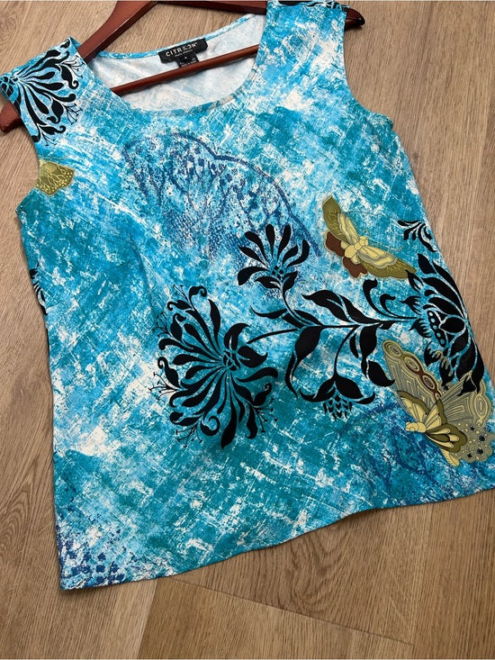 Citron Santa Monica 100% Silk Bright Blue Butterfly Tank Top