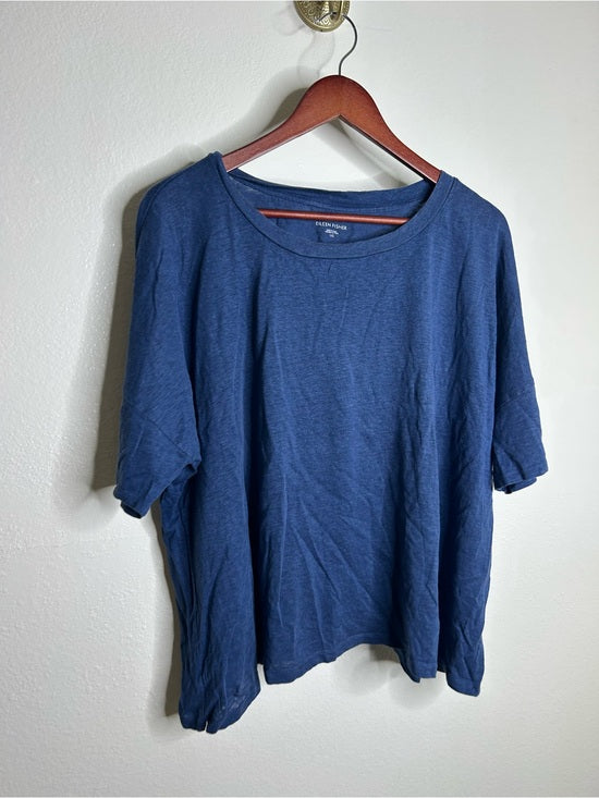 Eileen Fisher 100% Organic Linen Royal Blue Slouchy Short Sleeve Knit T - Shirt