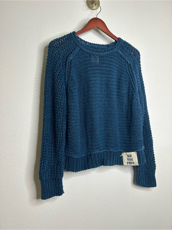 Free People 100% Linen Chunky Knit Oversized Royal Blue Pullover Sweater