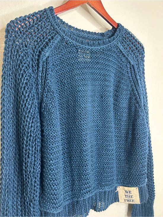 Free People 100% Linen Chunky Knit Oversized Royal Blue Pullover Sweater