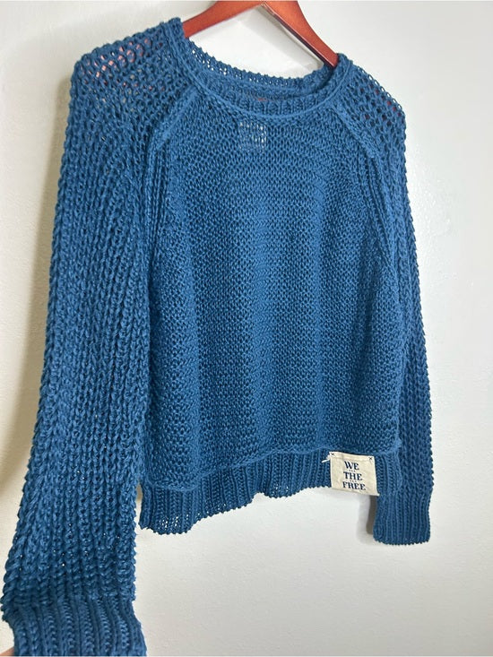 Free People 100% Linen Chunky Knit Oversized Royal Blue Pullover Sweater