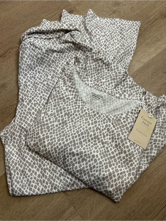 Garnet Hill 100% Organic Cotton White Gray Pajama Set Short Sleeve Top Pant