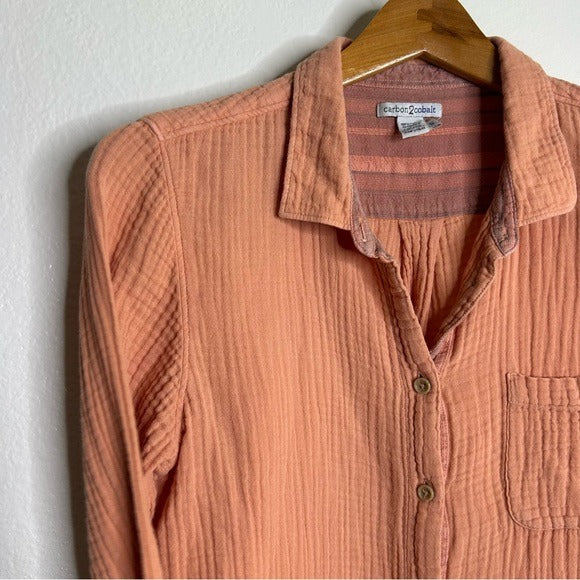 Carbon2Cobalt Carbon2Colbat 100% Cotton Gauze Peach Button Down Long Sleeve Top - Cotton