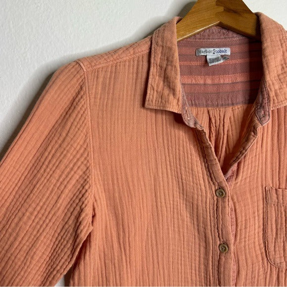 Carbon2Colbat 100% Cotton Gauze Peach Button Down Long Sleeve Top