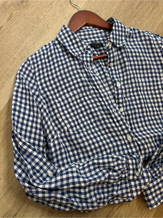Talbots 100% Linen Blue White Checkered Gingham Button Down Collared Top