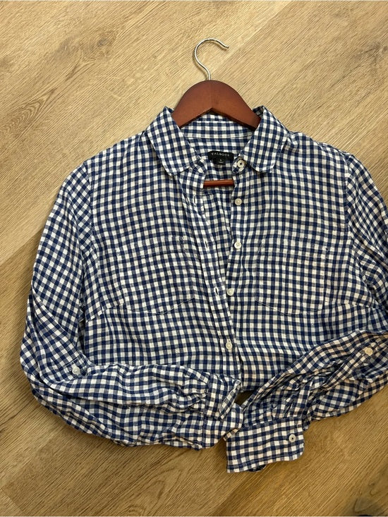 Talbots 100% Linen Blue White Checkered Gingham Button Down Collared Top