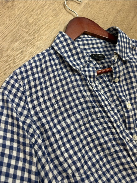 Talbots 100% Linen Blue White Checkered Gingham Button Down Collared Top