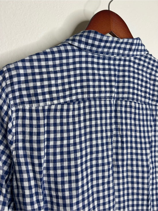 Talbots 100% Linen Blue White Checkered Gingham Button Down Collared Top