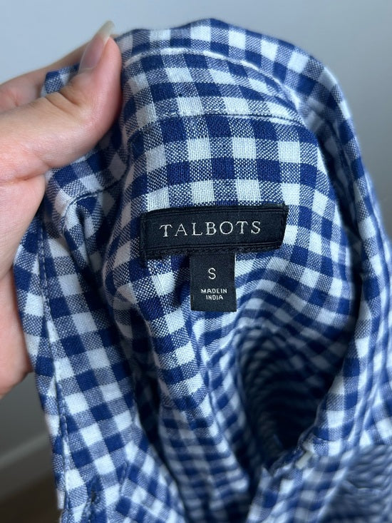 Talbots 100% Linen Blue White Checkered Gingham Button Down Collared Top