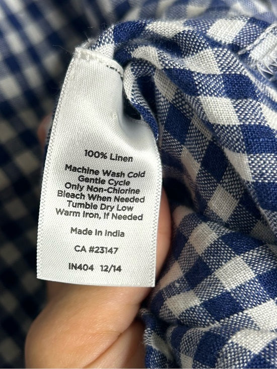 Talbots 100% Linen Blue White Checkered Gingham Button Down Collared Top