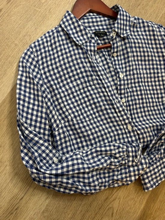 Talbots 100% Linen Blue White Checkered Gingham Button Down Collared Top