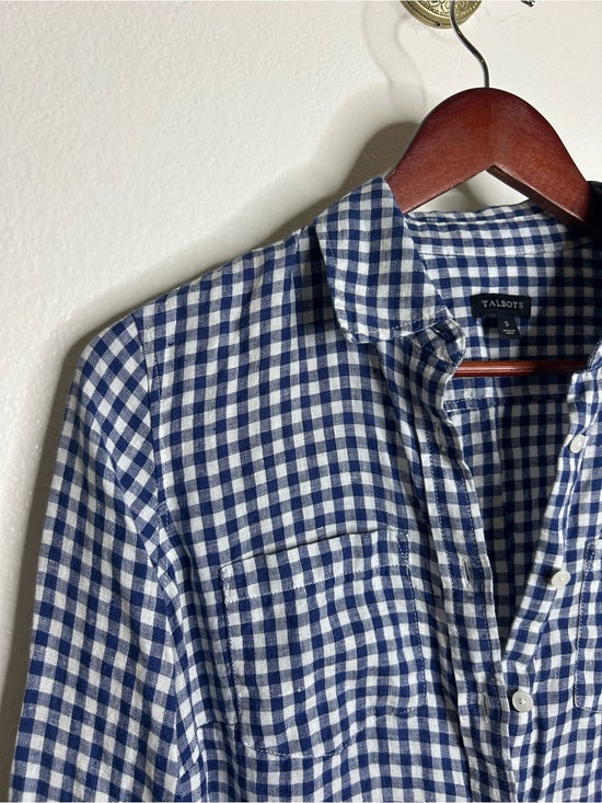 Talbots 100% Linen Blue White Checkered Gingham Button Down Collared Top