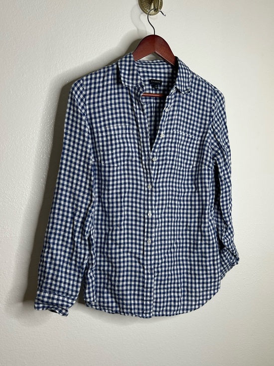 Talbots 100% Linen Blue White Checkered Gingham Button Down Collared Top