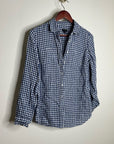 Talbots 100% Linen Blue White Checkered Gingham Button Down Collared Top