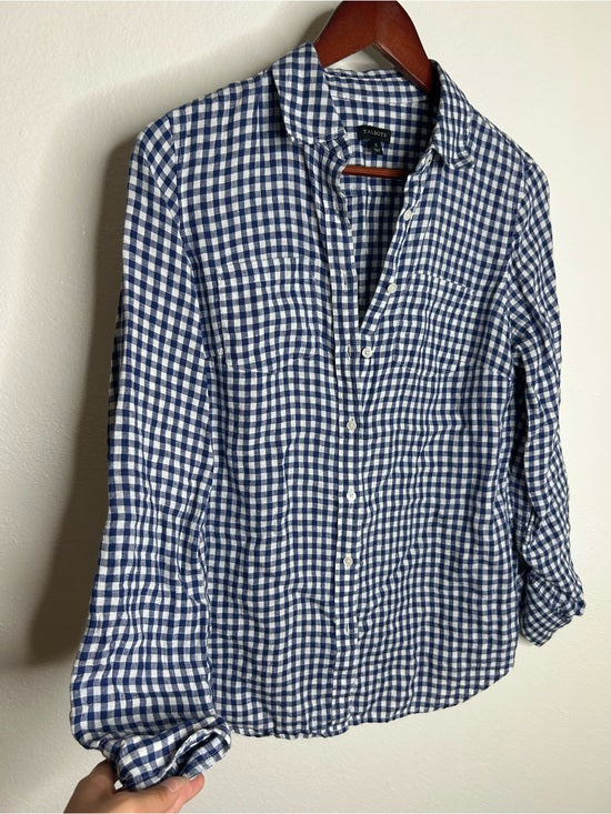 Talbots 100% Linen Blue White Checkered Gingham Button Down Collared Top