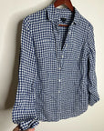 Talbots 100% Linen Blue White Checkered Gingham Button Down Collared Top