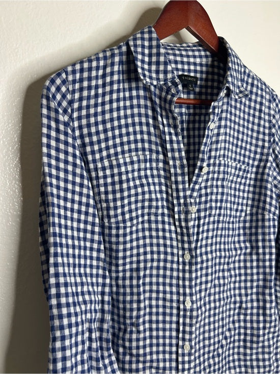 Talbots 100% Linen Blue White Checkered Gingham Button Down Collared Top
