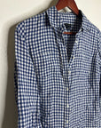 Talbots 100% Linen Blue White Checkered Gingham Button Down Collared Top