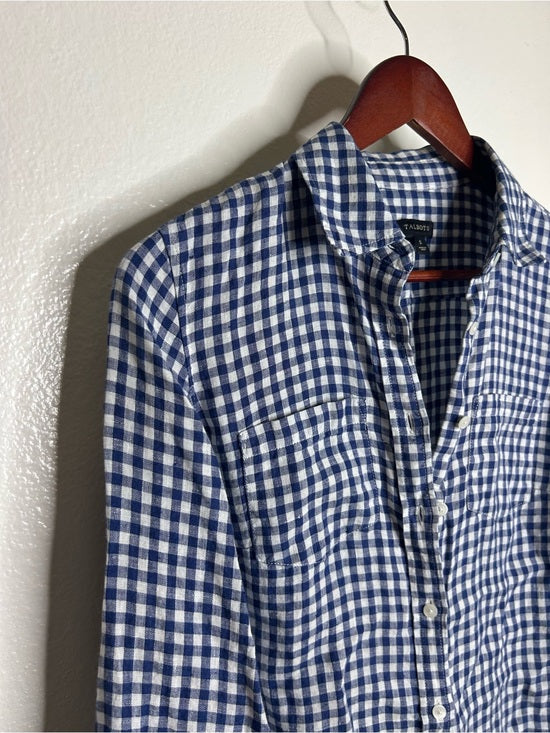 Talbots 100% Linen Blue White Checkered Gingham Button Down Collared Top