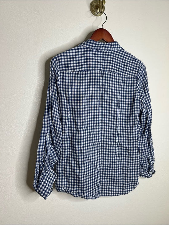 Talbots 100% Linen Blue White Checkered Gingham Button Down Collared Top