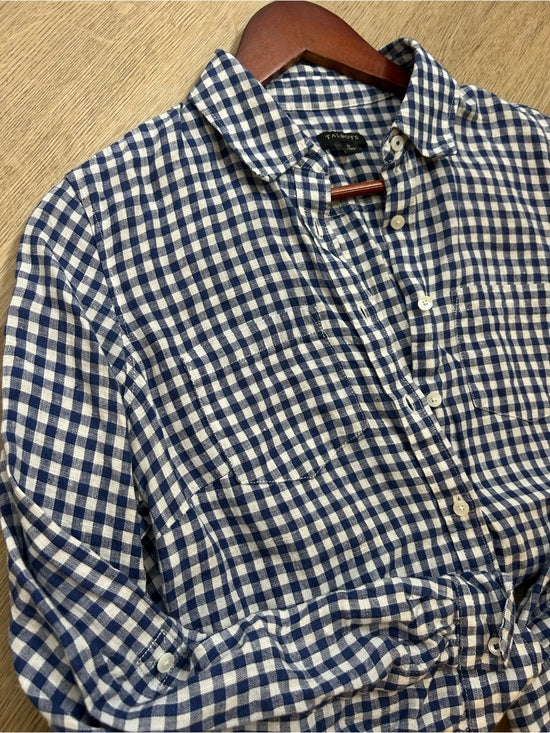Talbots 100% Linen Blue White Checkered Gingham Button Down Collared Top