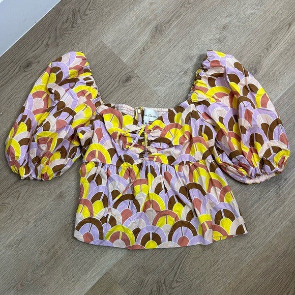 Cara Cara Cara Cara 100% Cotton Purple Yellow Puff Sleeve Short Sleeve Blouse - Cotton
