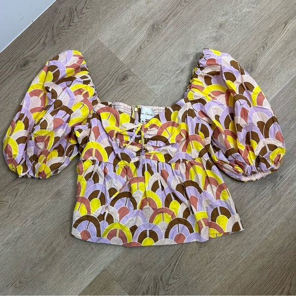 Cara Cara Cara Cara 100% Cotton Purple Yellow Puff Sleeve Short Sleeve Blouse - Cotton