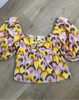 Cara Cara 100% Cotton Purple Yellow Puff Sleeve Short Sleeve Blouse
