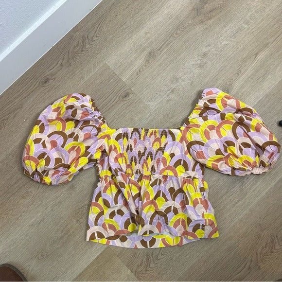 Cara Cara Cara Cara 100% Cotton Purple Yellow Puff Sleeve Short Sleeve Blouse - Cotton