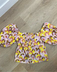 Cara Cara 100% Cotton Purple Yellow Puff Sleeve Short Sleeve Blouse