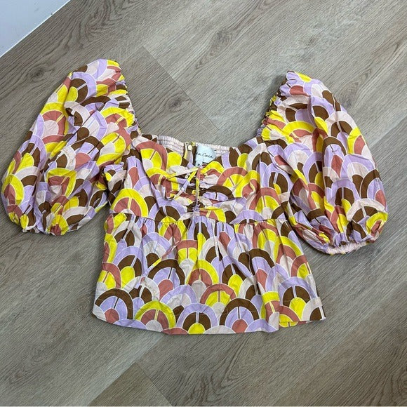 Cara Cara Cara Cara 100% Cotton Purple Yellow Puff Sleeve Short Sleeve Blouse - Cotton