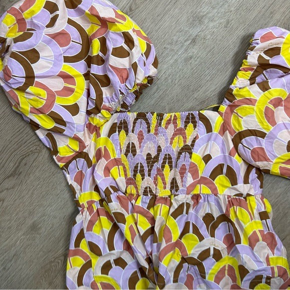 Cara Cara Cara Cara 100% Cotton Purple Yellow Puff Sleeve Short Sleeve Blouse - Cotton