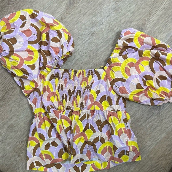 Cara Cara Cara Cara 100% Cotton Purple Yellow Puff Sleeve Short Sleeve Blouse - Cotton