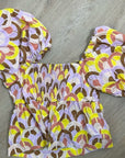 Cara Cara 100% Cotton Purple Yellow Puff Sleeve Short Sleeve Blouse