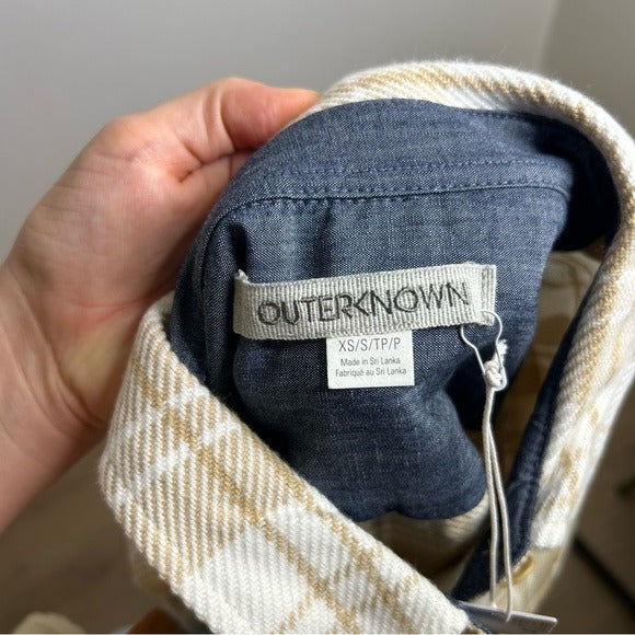 Outerknown 100% Organic Cotton Tan White Plaid Button Down Blanket Shirt