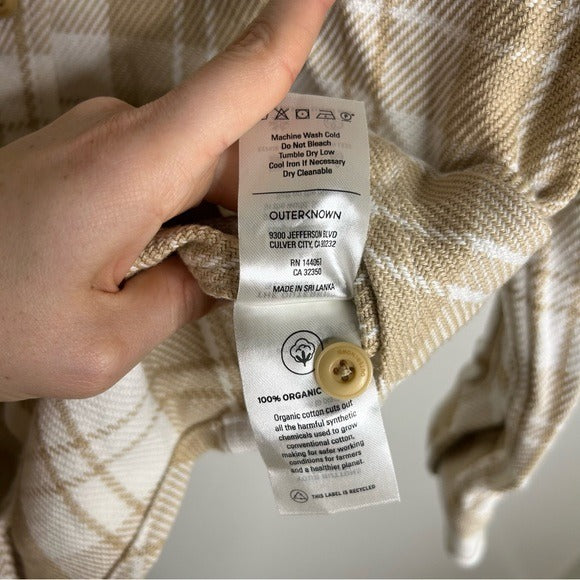 Outerknown 100% Organic Cotton Tan White Plaid Button Down Blanket Shirt