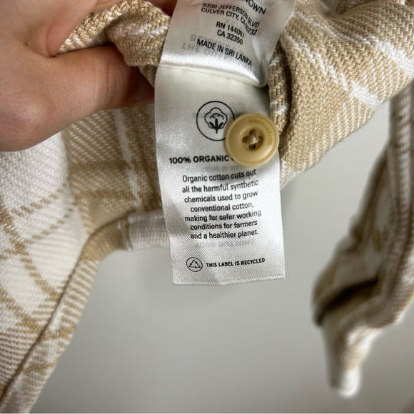 Outerknown 100% Organic Cotton Tan White Plaid Button Down Blanket Shirt