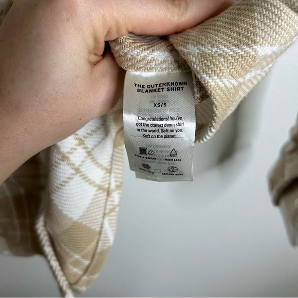 Outerknown 100% Organic Cotton Tan White Plaid Button Down Blanket Shirt