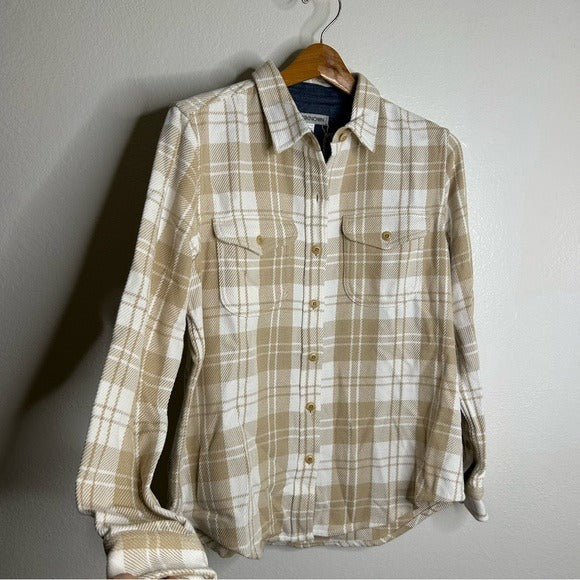 Outerknown 100% Organic Cotton Tan White Plaid Button Down Blanket Shirt