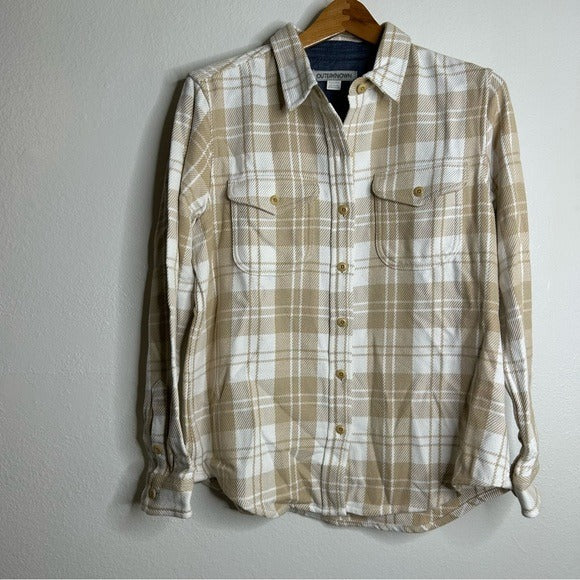 Outerknown 100% Organic Cotton Tan White Plaid Button Down Blanket Shirt