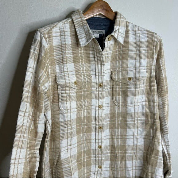 Outerknown 100% Organic Cotton Tan White Plaid Button Down Blanket Shirt