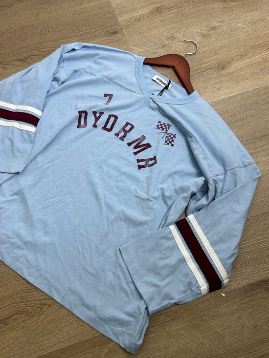 Daydreamer Daydreamer 100% Cotton Baby Blue Oversized Varsity Style Long Sleeve Top - Cotton