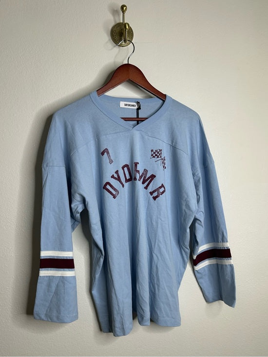 Daydreamer Daydreamer 100% Cotton Baby Blue Oversized Varsity Style Long Sleeve Top - Cotton